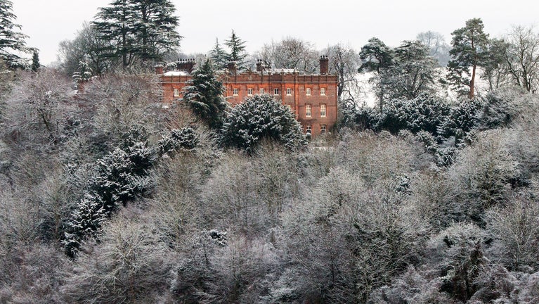 Winter trees with the house peering behind at Hughenden